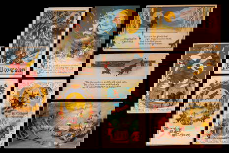 Antique Halloween Postcards: A collection of 8 antique Halloween themed postcards, featuring two with canceled postage and some with raised