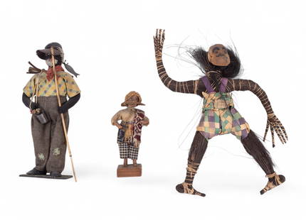 Folk Art, Black Americana, Voodoo Figures.: Folk art grouping inlcuding a black Americana fishing doll measuring approx. 9.5" H, a smaller ethnic figure, and a voodoo style straw doll with wooden face mask.