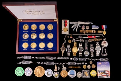 Wrist Watches, Medallions, and Vintage Pin Backs
