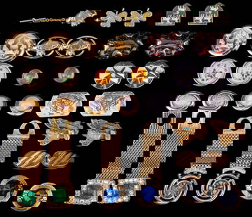 Early and Vintage Cuff Links, Tie Clips, & More: An assortment of early 20th C and vintage cuff links, tie clips, lapel pins, medallions, a mid century rhinestone sweater clips, and a Duchess Omega watch band with 10K RGP trim.