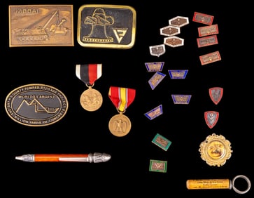 Vintage Brass Belt Buckles, Medals, and Pins