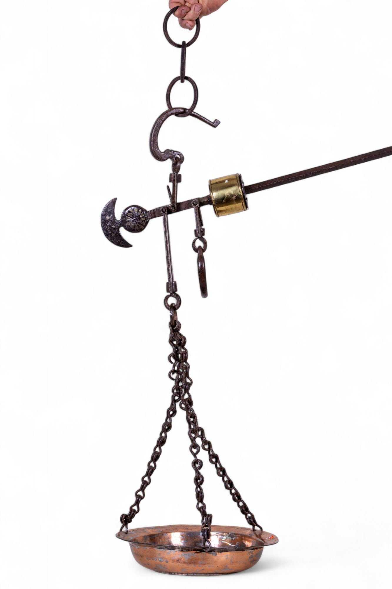 Ottoman Antique Steelyard Balance Scale: An antique steelyard functional balance scale with sliding weight. Hanging measurements are approx. 28", rod measures approx. 34" L with a crescent.