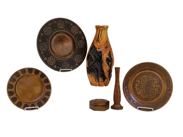 Vintage Carved Treenware Chargers, Vases, Box