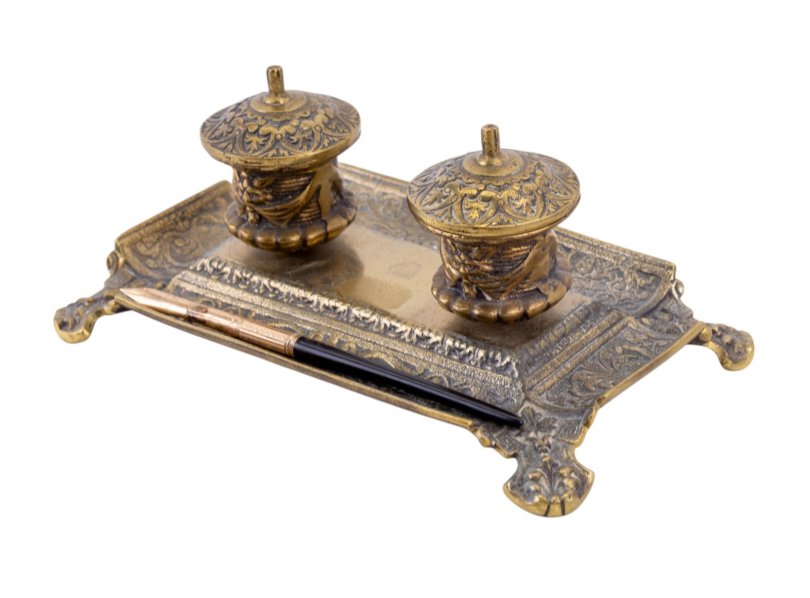 Peerage Brass Double Inkwell w/ Fountain Pen (1 of 16)
