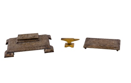 Russian Relief Brass Inkwell and Stationary Set