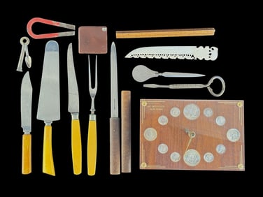 Silver Coin Clock, Flatware, Letter Openers +