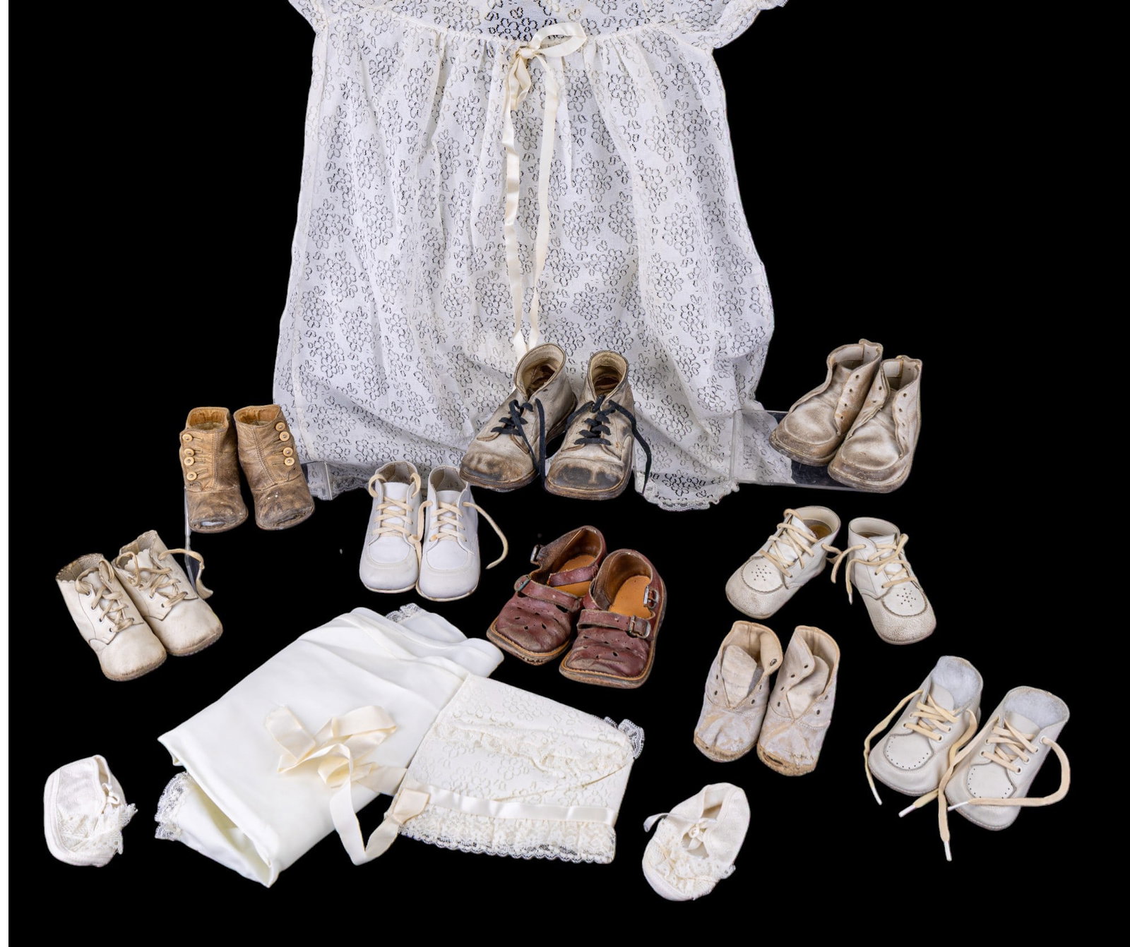 Baptism Dress & Antique Infant Footware (9): A vintage Baptism Dress with a slip, size 1 baby booties, and 1 bonnet. also included are 8 pairs of early infant footware / shoes, featuring both hard-sole and soft-sole styles. Materials include lea