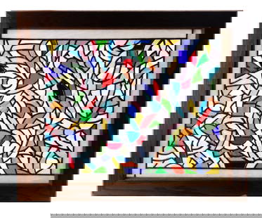 Leaded Glass Window Panel: A vintage leaded glass window panel with various colors, in good condition, measures approx. 23" x 17.5"