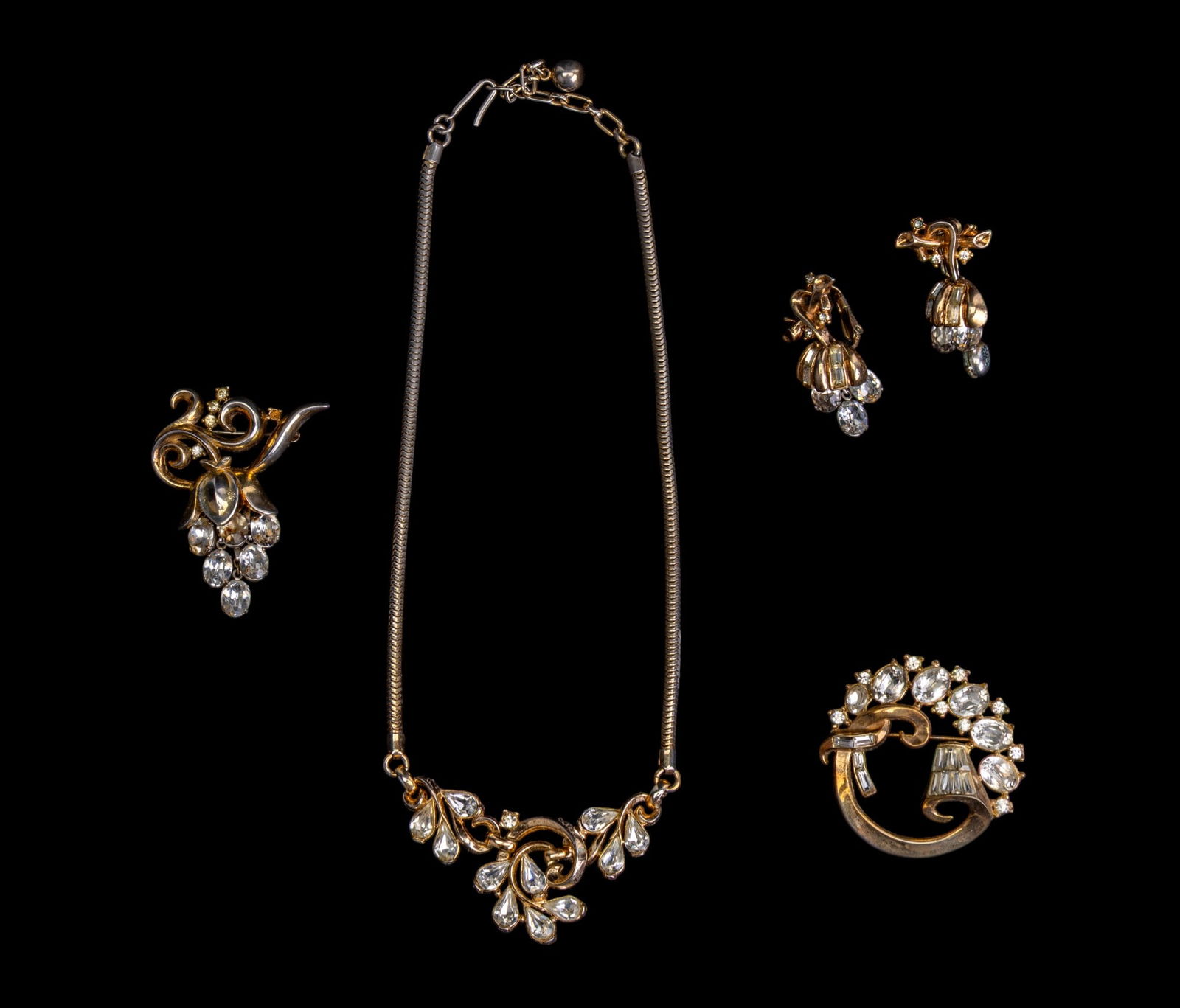 Kramer of New York and Trifari Vintage Jewelry: Circa 1940s vintage Trifari early 5-piece matched set and Kramer of New York wide crystal rhinestone bracelet.