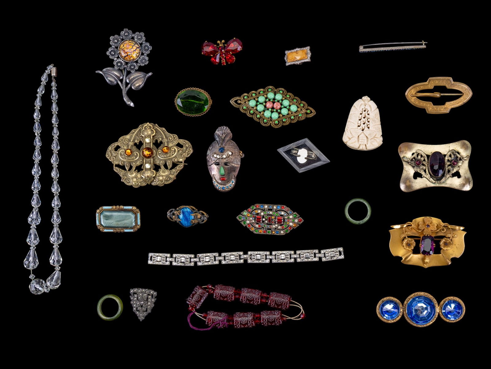 Victorian to Art Deco Jewelry: Includes 3 large Victorian buckle pins, a carved bone clip, crystal necklace, cameo style jewelry, pot metal brooches and more.
