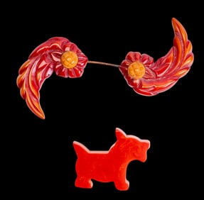 Two Red Bakelite Vintage Brooches