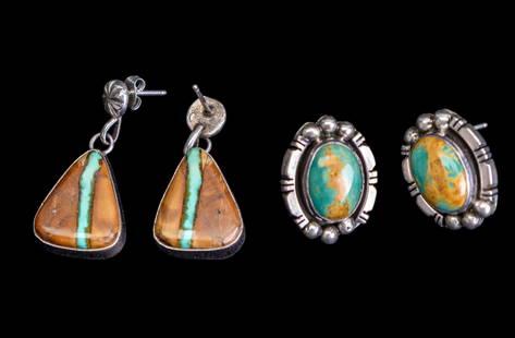 Signed Vintage Native American Earrings: Signed Bob Brome sterling-turquoise earrings and L. Begay sterling-turquoise Native-American