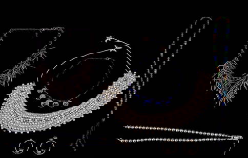 Contemporary Jewelry Collection: Black onyx and amethyst polished bead necklace with sterling clasp, and enamel black cat charms with sterling rims, glass bead prayer necklace, Trifari faux pearl two strand necklace white rhinestone