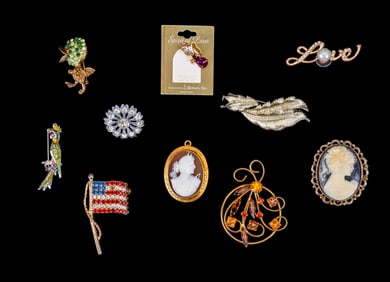 Mid Century & Vintage Rhinestone & Cameo Brooches