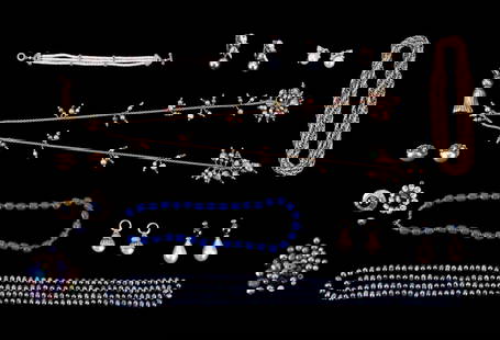 Pearl and Gold Tone Jewelry w/ Agatha: Blue iridescent cultured pearl strand, opera length gold tone chain link necklace, Agatha Paris gold tone and faux pearl charms, blue ceramic bead necklace, gold tone and rhinestone bow clip on earrin
