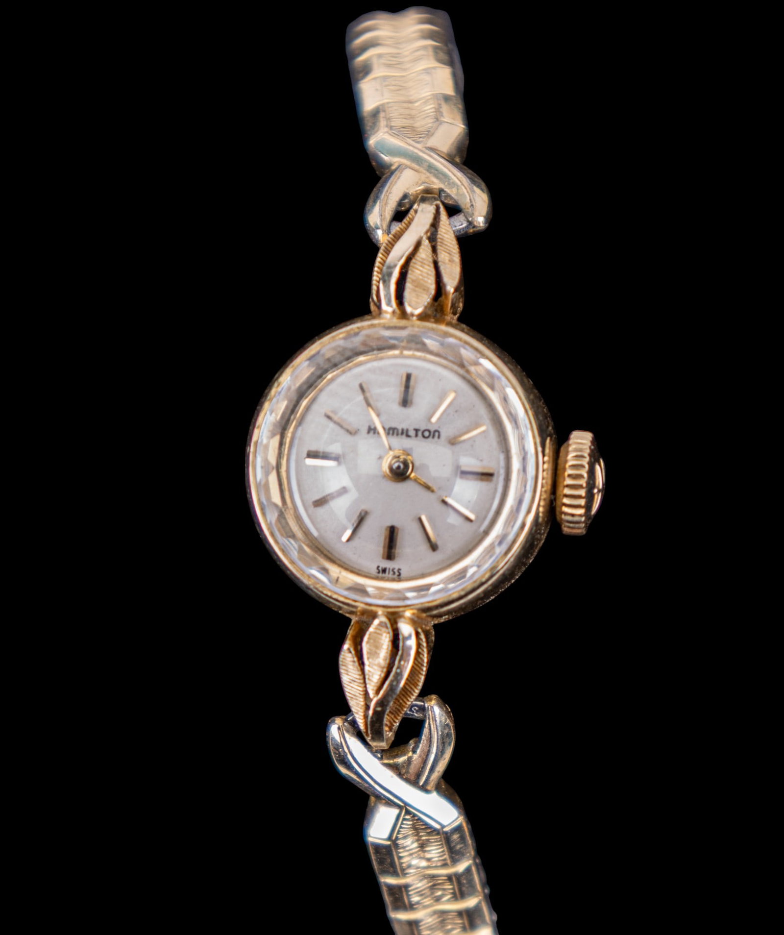 14K Gold Huguenin Watch with Hamilton Face: Hamilton face, Huguenin 17 movement, Huguenin 14K Gold case #68247, Spiedel band.