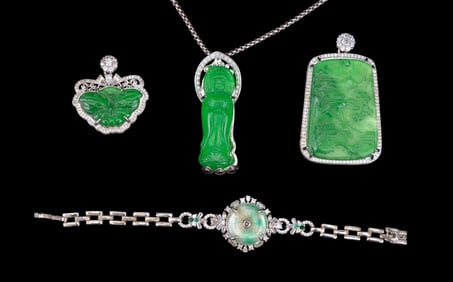 Carved Green Hardstone Pendants and Bracelet