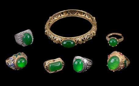 Green Stone Accented Rings and Bracelet