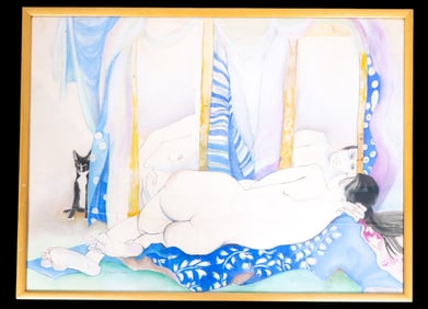 Signed Watercolor, Reclining Nude With Cat