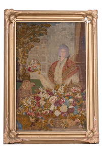 Victorian Needlepoint Tapestry, Lady with Dog: A Victorian needlepoint tapestry of a lady with a dog surrounded by colorful floral arrangements in a ornate gilt frame, the back is uncovered so you can see the work. Bottom of frame left corner is l