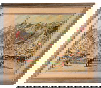 Signed Vintage Oil Painting of Innsbruck, Austria: A signed impressionist oil on canvas painting. Signature marked "Tretter" can be seen in bottom right. Painting depicts Innsbruck, Austria. St. Anne's Column with traffic and people in background. Pai
