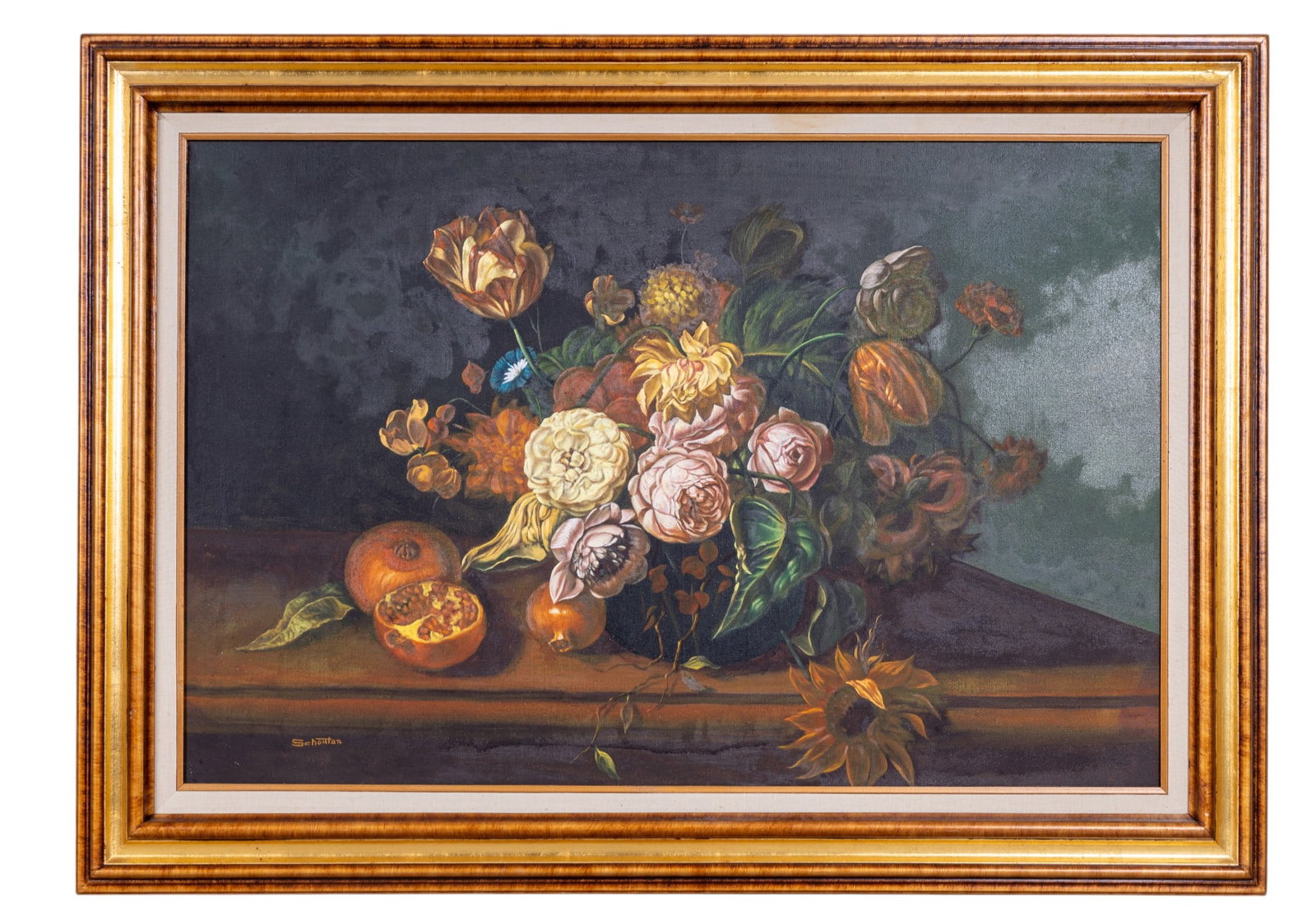 After Henry Schouten Dutch Master Style Painting: An original acrylic painting done in the manner of Dutch master Henry Schouten. painting depicts a still-life of arranged. fruit and flowers. Measures approx. 43" x 41" OD in decorative frame.