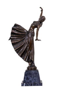 D.H. Chiparus Bronze Sculpture of Elegant Dancer: A bronze sculpture of a poised female dancer adorned in beaded costume. Statue on black marble stand, and measures approx.