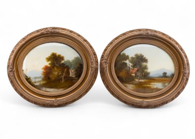 Pair of Antique O/c Paintings Under Bubble Glass
