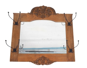 Antique Oak Wall Mirror w/ Hooks