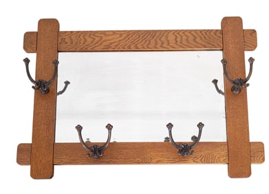 Vintage Oak Hall Mirror w/ Hooks