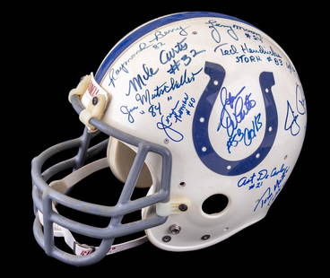 Baltimore Colts Helmet Signed by 25 Players: A Riddell NFL Throwback Baltimore Colts helmet with autographs from players such as Lenny Moore #24, Jim Parker #73, Tom Matte #41, Raymond Berry #82, John Mackey, Jimmy Orr #28, a Colts coach, and an