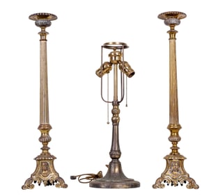 19C Pair of Tall Brass Candlesticks, Other Lamp