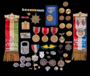 Early Ribbons, Brass Buttons, Medals, Militaria: A collection of early ribbons, medals, and brass buttons featuring Washington Camp No. 675 Patriotic Order Sons of America Verona, PA ribbon, Giltedge Lodge No. 62 Sons of Union Veterans of the Civil