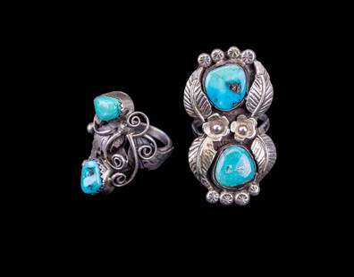 Navajo / Native Am. Sterling Turquoise Rings (2): Two fine sterling silver and turquoise Navajo rings, one is signed by artisan Jesse Thompson, size 7, the other is not signed, size 6.