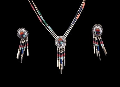 Navajo Sterling Silver Earrings and Necklace Set