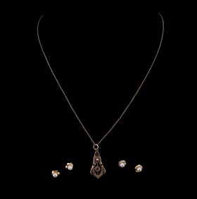 Early Victorian 14k Gold Necklace, Pearl Earrings