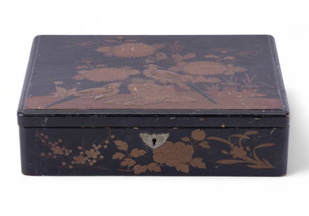 Japanese Black & Gold Lacquer Document Box: A Japanese black & gold lacquer document box depicting long-tailed birds perched upon rocks, surrounded by chrysanthemums. Box measures approx. 12" W x 8.75" L x 3.5" H.
