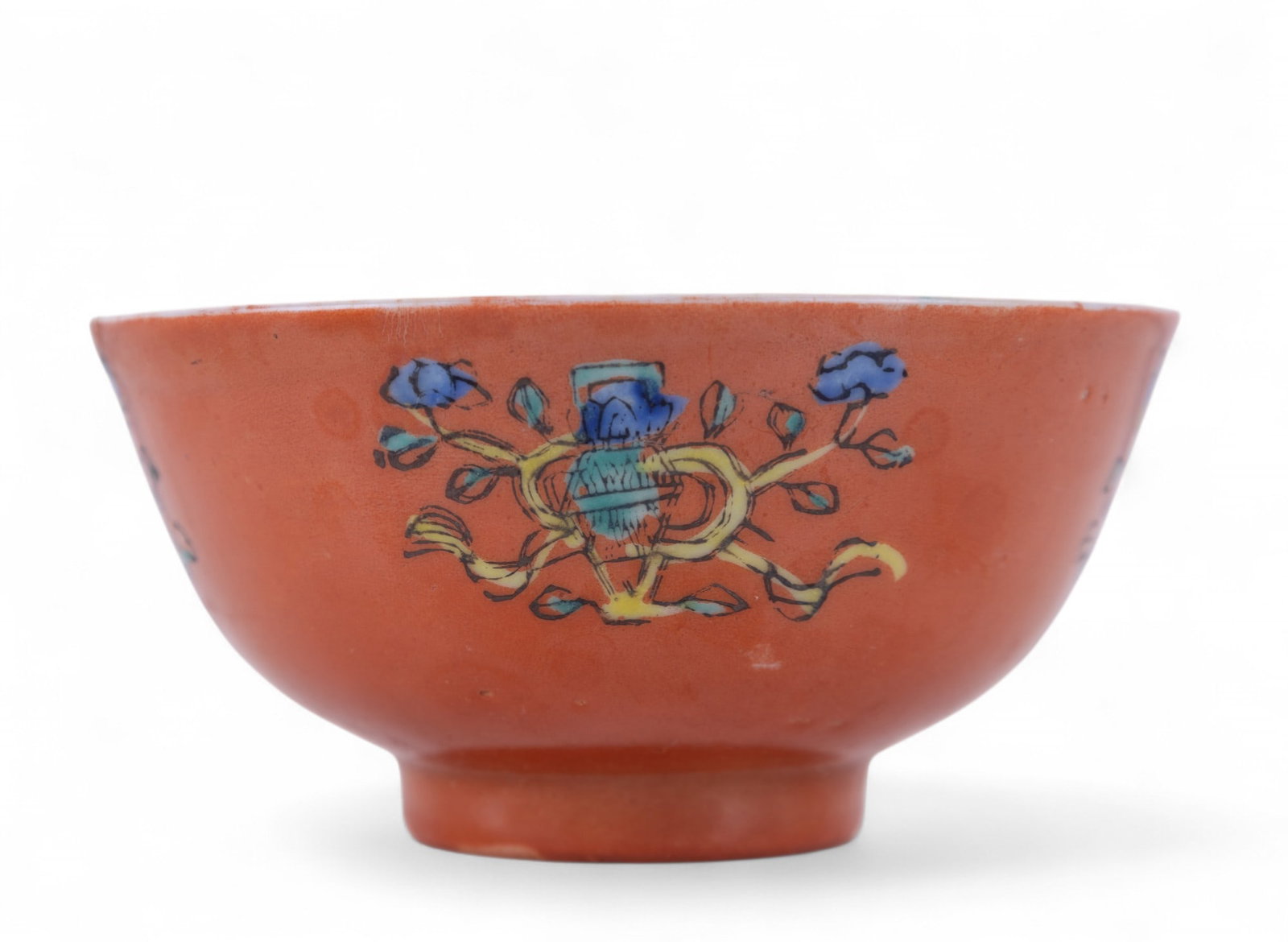 Antique Chinese Porcelain Rice Bowls (10): A group of 10 antique Chinese porcelain rice bowls, each with a iron red glaze exterior. 6 marked "China" on base, with the remaining 4 bearing red seal marks. Each bowl is decorated with floral motif