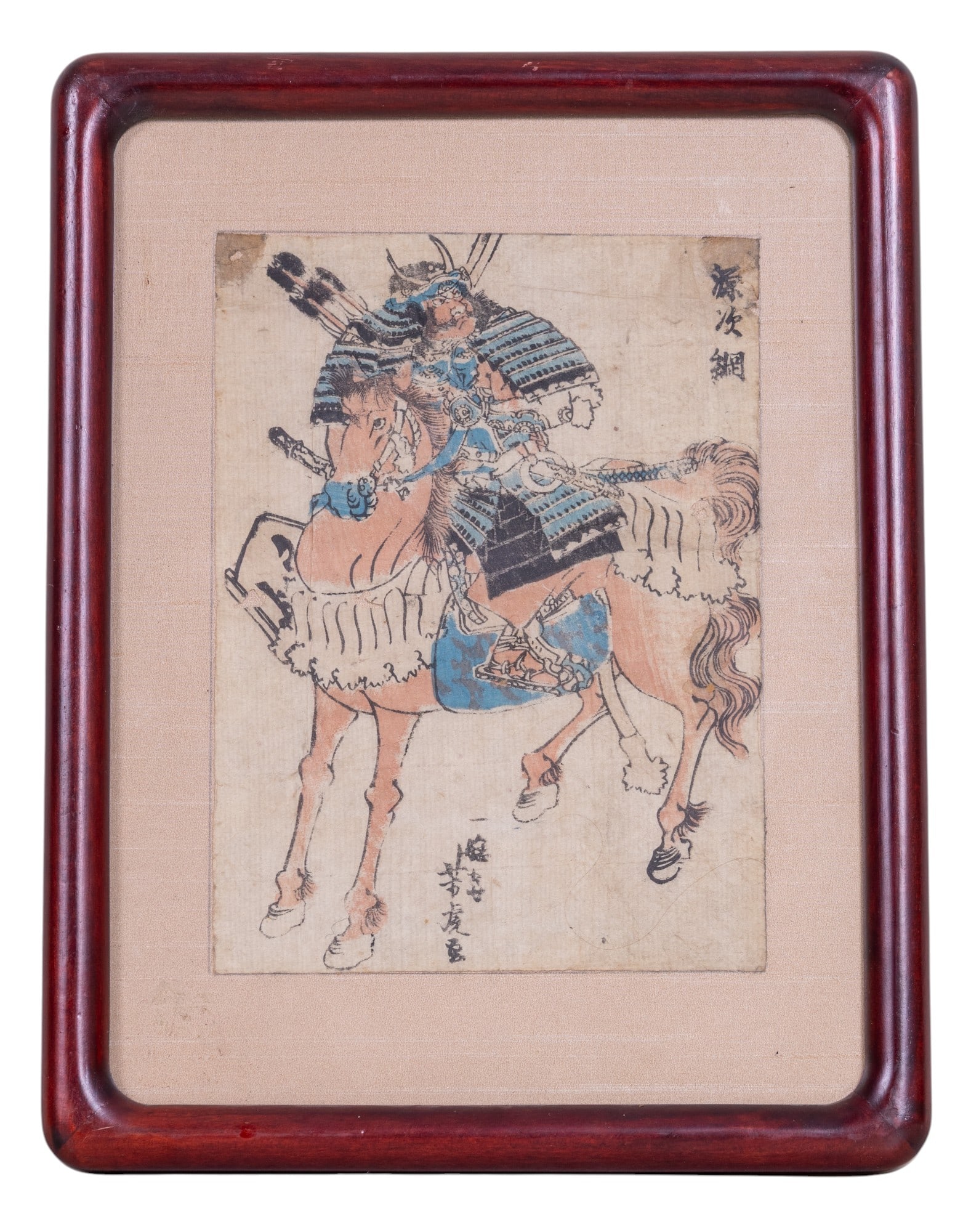 Antique Japanese Ukiyo-e Woodblock attr. Yoshikazu: An antique Japanese woodblock print of a lamellar armored samurai on his mount. Print is thought to be 19th century, with some distress to paper as seen in photography. Measures approx. 10" wide x 13"