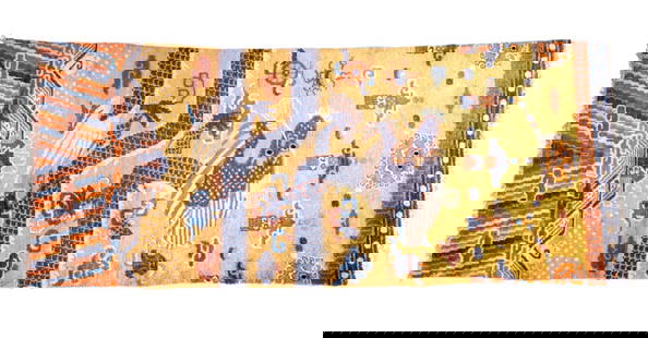Early Chinese Wool Dragon Runner Carpet: An early Chinese wool dragon runner, possibly part of a larger rug. Carpet depicts a singular large blue 5-claw dragon in center field with yellow background. Foo dog motif around top of carpet. Item