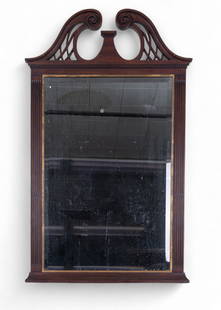Henkel-Harris Mahogany Broken Arch Beveled Mirror: A Henkel-Harris large Mahogany beveled broken-arch entrance mirror with gilt accents. Item measures approx. 52" high x 32" across. Henkel-Harris tag present on back. Some minor scuffs, otherwise very
