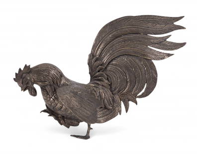 Japanese Cast Brass/Bronze Rooster: A detailed Japanese brass/bronze rooster, likely Meiji-style, depicting a bird with raised claw. Measures approx. 6" H.