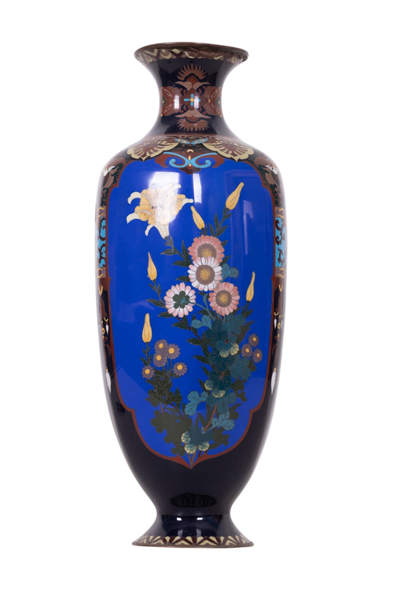 Japanese Meiji Cloisonne Floor Vase: A Japanese Meiji cloisonne floor vase featuring dragon and floral motifs over blue base. Some cracking and loss at rim (see photos). Measures approx. 23.5" H with a mouth diameter of 6".