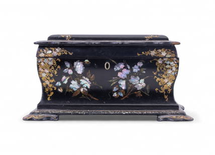 Victorian MOP Inlaid Jewelry / Sewing Box: A 19th century Victorian black lacquer box featuring hand-painted gilt floral decoration and a mother-of-pearl inlay, raised on ornate feet. Measures approx. 5.75" H x 10" W x 9" D.
