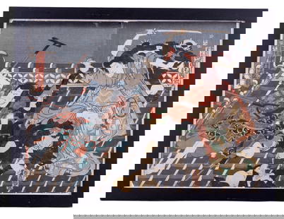 Kunisada Toyokuni iii Woodcut Print, Framed: Kunisada Toyokuni iii Woodcut with battle scene, approx 14.5 x 19.25 inch print and 21.5 x 16.25 inches OD.