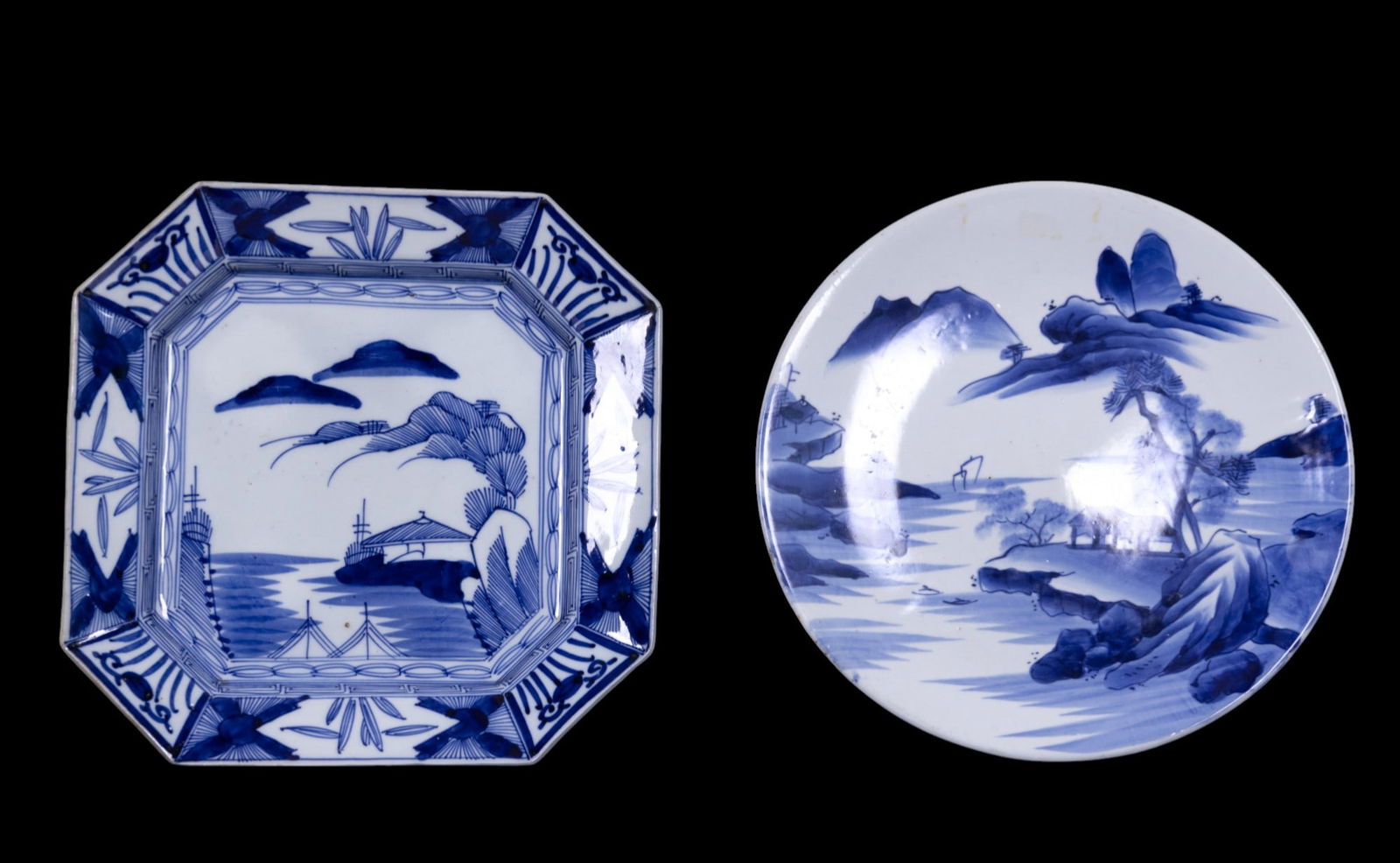 Japanese Blue and White Charger Plates: A group of 2 Japanese blue and white porcelain charger plates; 1 Meji period Imari charger with a serene landscape scene. Flea bite chip on rim. Also includes an octagonal Arita porcelain plate, likel