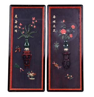 Chinese 3D Shadow Box Artworks: A pair of Chinese shadow box wall panels featuring carved and inlaid stone compositions. Each piece depicts a vase of seasonal flowers -roses and lilies- along with symbolic decorative elements. Chine