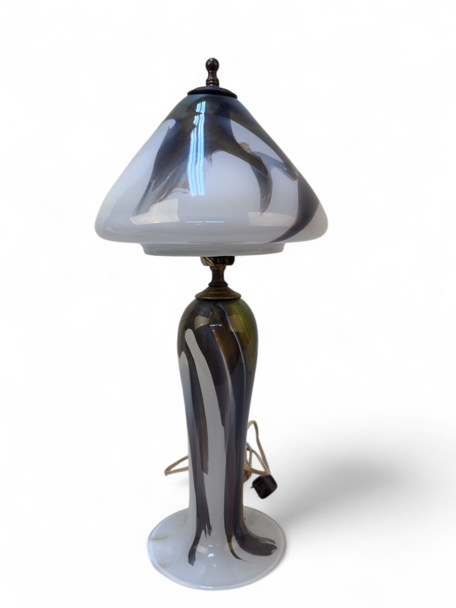 Modern Hand Blown Glass Shade Lamp & Base: A modern hand blown glass lamp with glass shade and base. Lamp is electrified. Measures approx. 19" high.