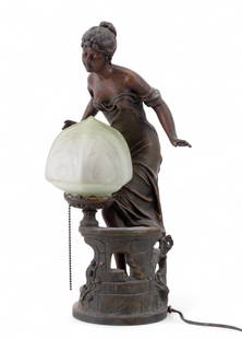 Bronzed Spelter Figural (Woman) Lamp w/ Shade: An antique bronzed spelter figural table lamp depicting a woman in flowing dress leaning over a stylized stone well adorned with vine and rose detailing. Sculpture is finished in a bronzed patina and