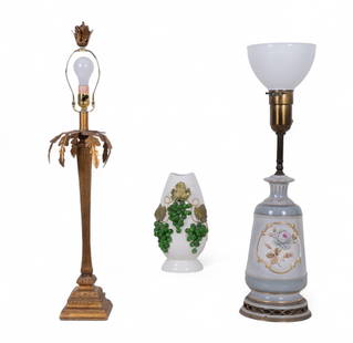 Mixed Table Lamps (3) w/ Vintage: Lot includes 3 distinctive table lamps; one ceramic lamp with applied glass grapes and leaf detailing, one tall neoclassical-style metal lamp with leaf motif, matching finial, and square stepped base,